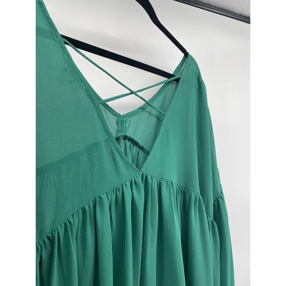 Umgee Women’s Top Medium Baby Doll Open Cross Cross Back‎ Balloon Sleeve Green - Picture 8 of 13